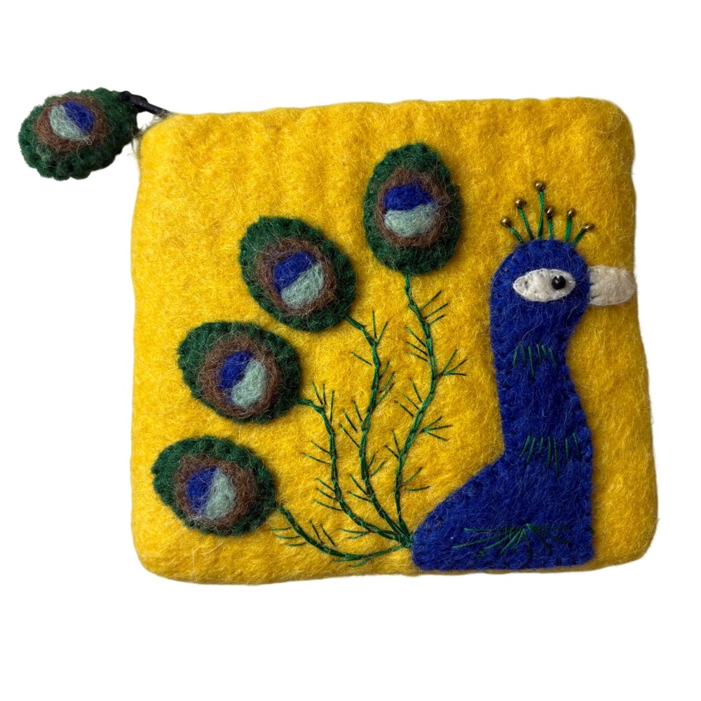 Handmade Yellow Felted Wool Peacock Coin Purse Zippered Pouch Small Wallet